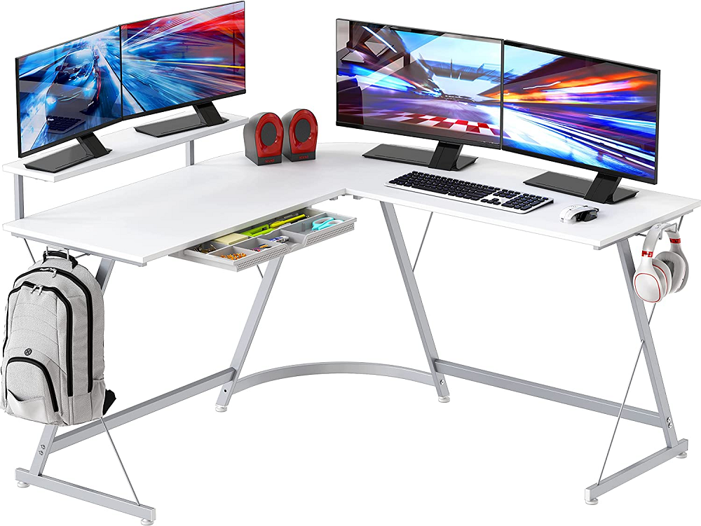 SHW Vista L-Shape Desk with Monitor Stand, White. l shaped gaming desk
