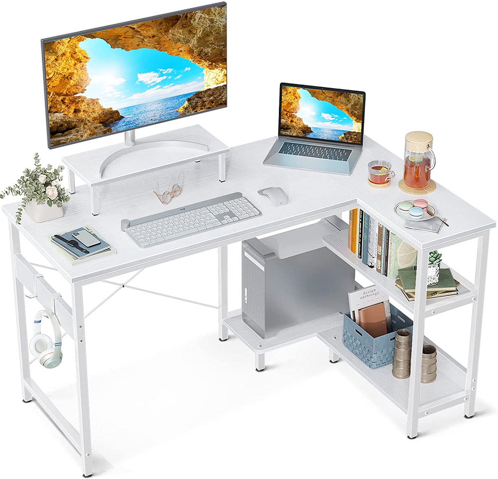ODK Small L Shaped Computer Desk with Reversible Storage Shelves, 40 Inch L-Shaped Corner Desk with Monitor Stand for Small Space, Modern Simple Writing Study Table for Home Office Workstation, White