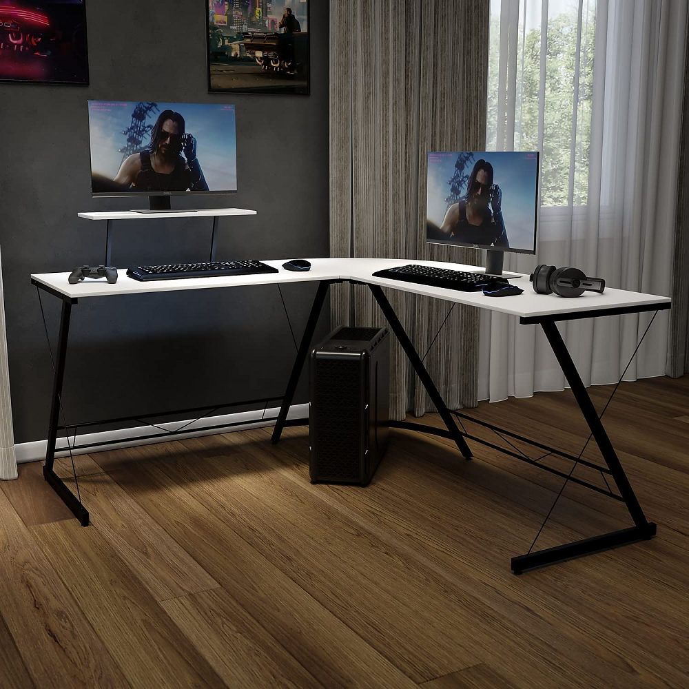 Flash Furniture Corner Desk - White/Black Space Saving L-Shaped Gaming Desk with Monitor Shelf - 71.5"