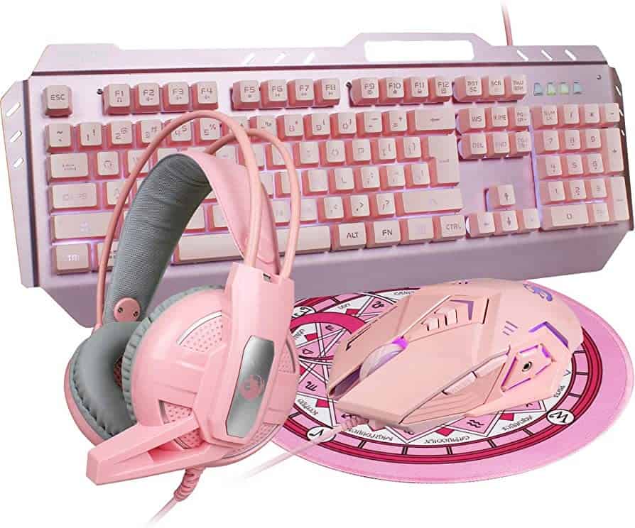 pink gaming keyboard mouse and headset